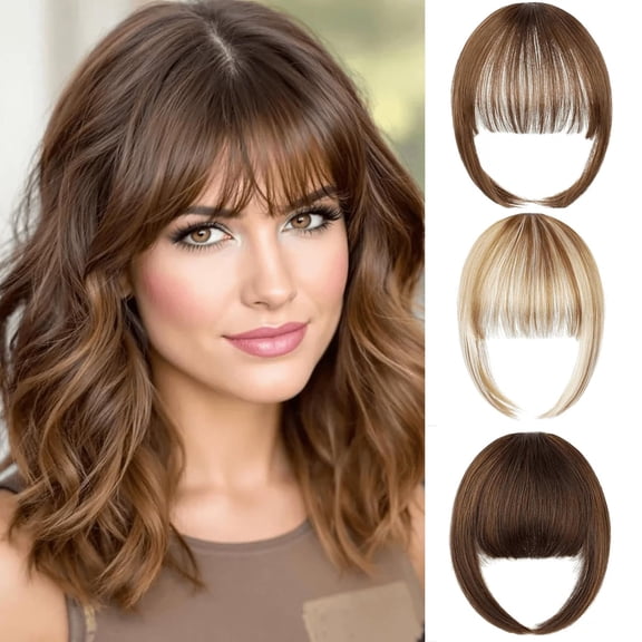 Fiykzur Wispy Bangs Clip in Brown Curtain Bangs with Temples - #12