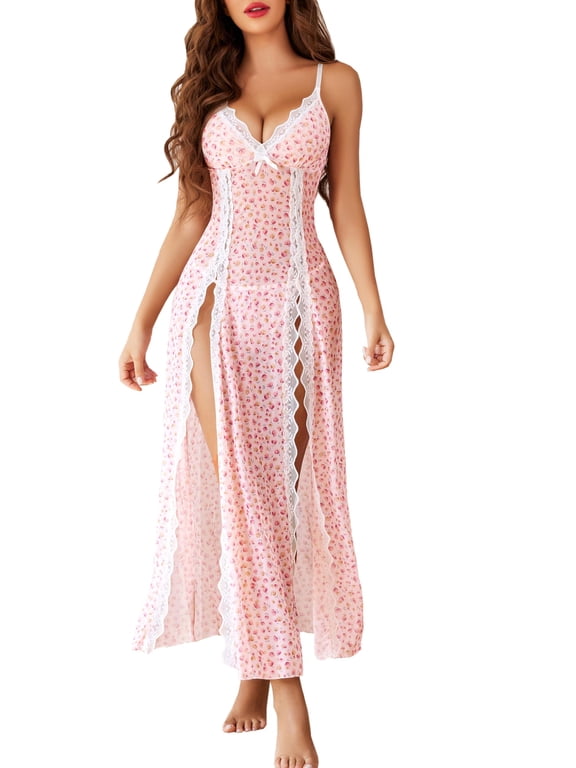Women Lingerie Lace Babydoll Chemise Sexy Mesh Nightdress V Neck Nightwear Side Split Nightgown