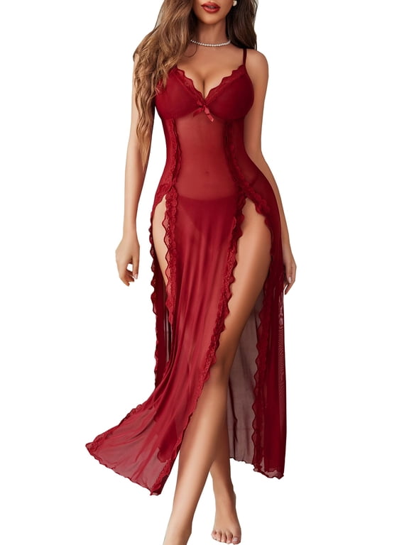 Women Lingerie Lace Babydoll Chemise Sexy Mesh Nightdress V Neck Nightwear Side Split Nightgown