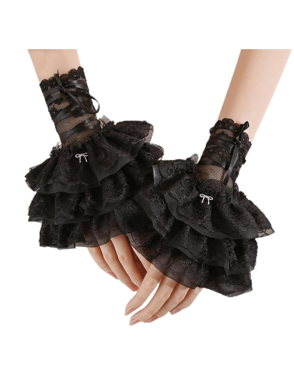 Women Ruffle Bow Lolita Lace Gloves Fingerless Hand Sleeve Costume for Wedding Tea Party Prom Halloween Cosplay