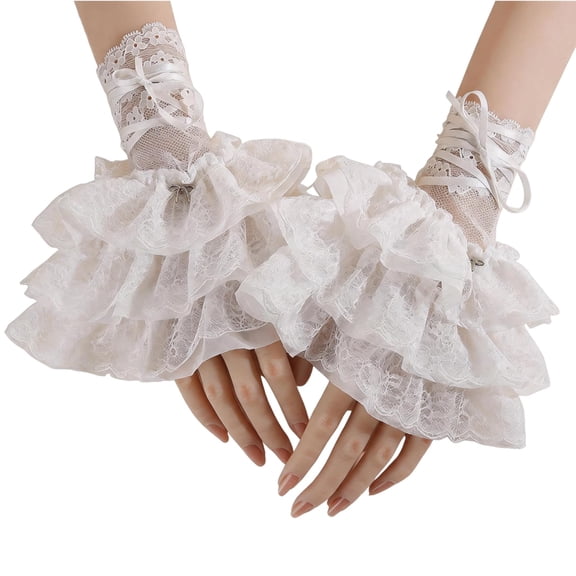 Fiykzur Women Ruffle Bow Lolita Lace Gloves Fingerless Hand Sleeve Costume for Wedding Tea Party Prom Halloween Cosplay