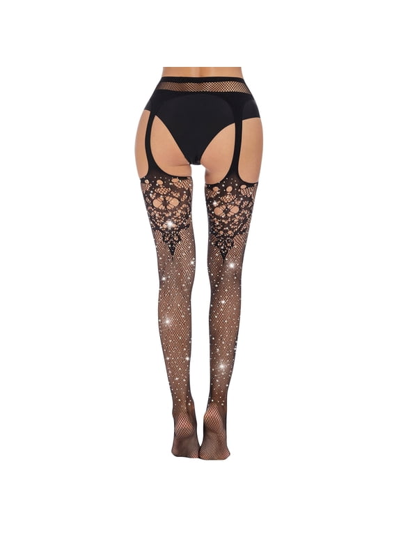 Women's Fishnet Stockings with Diamond Suspender, High Waist Hollow Out Silk Side Tights, Sexy Lingerie Pantyhose