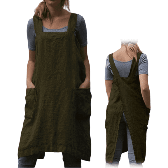 Fiykzur Women's Pinafore Apron with Pockets Plus Size Denim Blue Cotton Linen Apron Dress Army Green XL