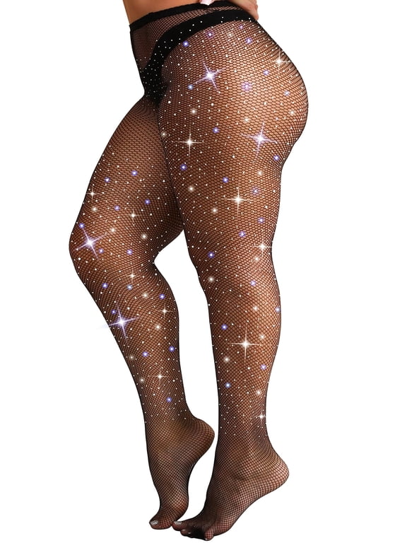 Women's Plus Size Sparkly Rhinestone High Waist Fishnet Tights, Sexy Jeweled Party Pantyhose, 1X-3X, Breathable & Comfortable
