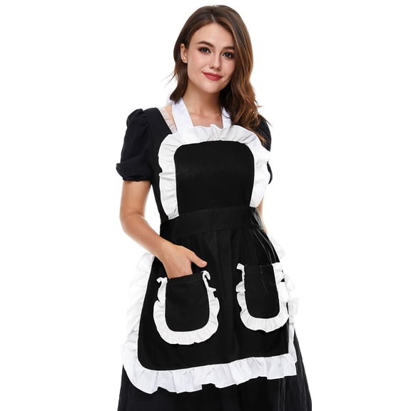 Fiykzur Women's Ruffles Outline Retro Pockets Apron Kitchen Cooking Cleaning Maid Costume (White)