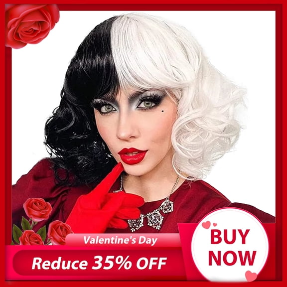 Fiykzur Women's Short Curly Bob Wig - Cruella Half Black Half White Cosplay Wig with Bangs, Heat Resistant Synthetic Fiber, Breathable Cap, Perfect for Party & Halloween