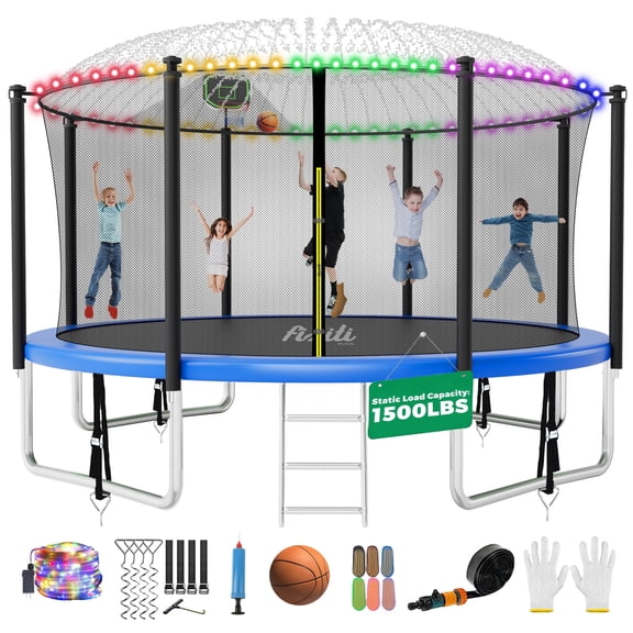 Fiziti Trampoline 12FT 14FT 16FT Trampoline for 4-5 Kids Adults with Basketball Hoop,Enclosure Net, Sprinkler, Light,Ladder,Socks, Outdoor Heavy Duty Round Trampoline