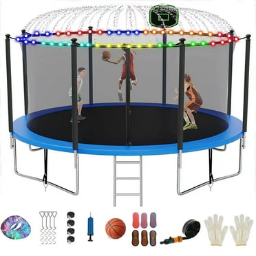 Fiziti Trampoline 12FT 14FT 16FT Trampoline for 4-5 Kids Adults with Basketball Hoop,Enclosure Net, Sprinkler, Light,Ladder,Socks, Outdoor Heavy Duty Round Trampoline