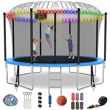 Fiziti Trampoline with Basketball Hoop & Enclosure, 2000lbs 12FT 14FT 16FT Trampoline for 6-8 Kids and Adults, Outdoor Backyard Trampoline with Light,Hose