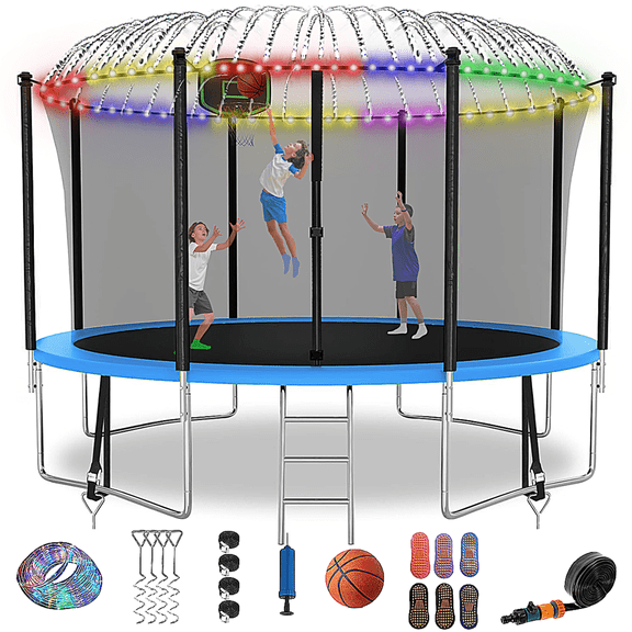 Fiziti Trampoline with Basketball Hoop & Enclosure, 2000lbs 12FT 14FT 16FT Trampoline for 6-8 Kids and Adults, Outdoor Backyard Trampoline with Light,Hose