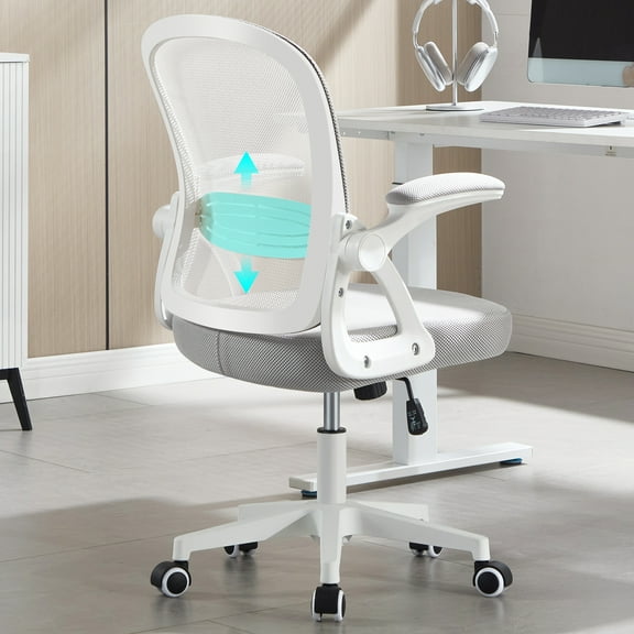 Nexthro Ergonomic Office Chair, Ergonomic Desk Chair with Adjustable Lumbar Support, Mesh Computer Chair with Comfy Flip-up Armrests, Executive Task Chair for Home Office (White/Gray)