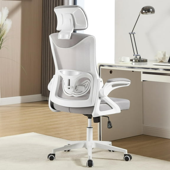 Nexthro Ergonomic Office Desk Chair with Headrest Mesh Computer Chair with High Back Adjustable Lumbar Support, Rolling Swivel Chairs with Wheel Armrests for Home Office,White/Gray