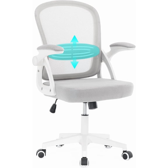 Fizzin Ergonomic Office Desk Chair, Mesh Computer Chair with Adjustable Comfy Flip-up Armrests and Adjustable Lumbar Support, Executive Chairs for Home, Bedroom, Study, Student (White/Gray)