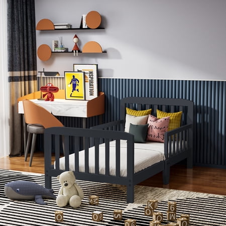 Fizzy Baby Classic Toddler Bed with Rails Wooden Beds for Kids, Navy Blue