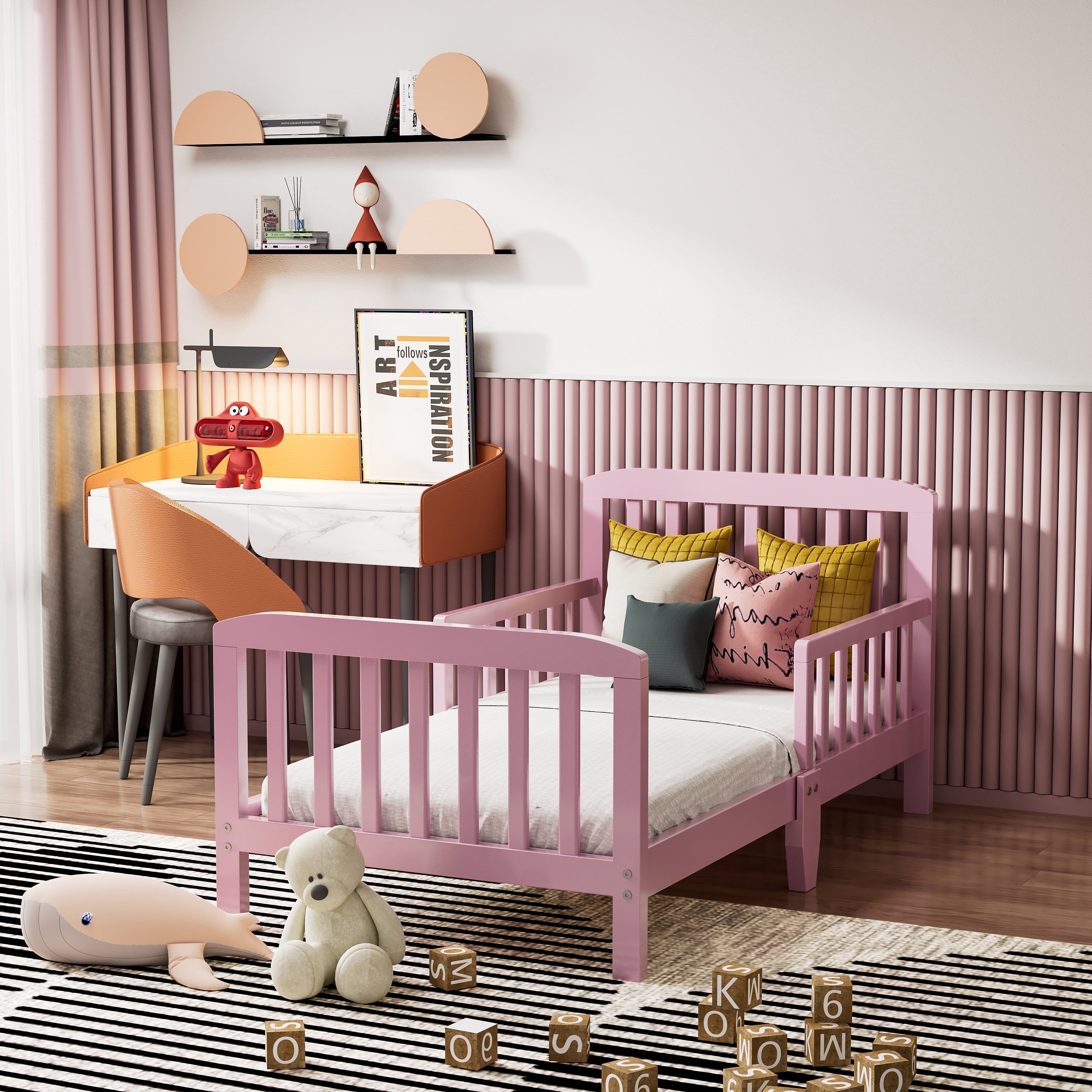 Fizzy Baby Classic Toddler Bed with Rails Wooden Beds for Kids, Pink