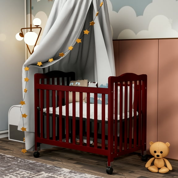 Fizzy Baby Mini Crib, Small Crib with 3-Position Mattress Board, Cherry