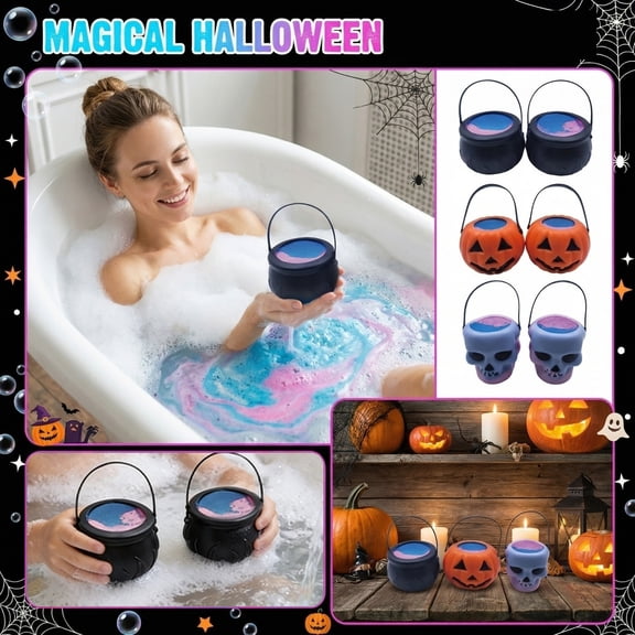 Fizzy Bath Salt Ball, Cauldron Halloween Decor, Halloween Party Favors for Adults, Halloween Bathroom Decor, 4X4 Inch 1Pc Halloween Witch Magic Bubble Bath Starry Sky Pumpkin