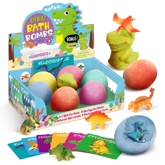 Piano Potato Dino Egg Bath Bombs for Kids, 7 Fizz Bombs with Surprise Dinosaur Toys Inside, Educational Bath Time Gift for Boys & Girls Ages 3+