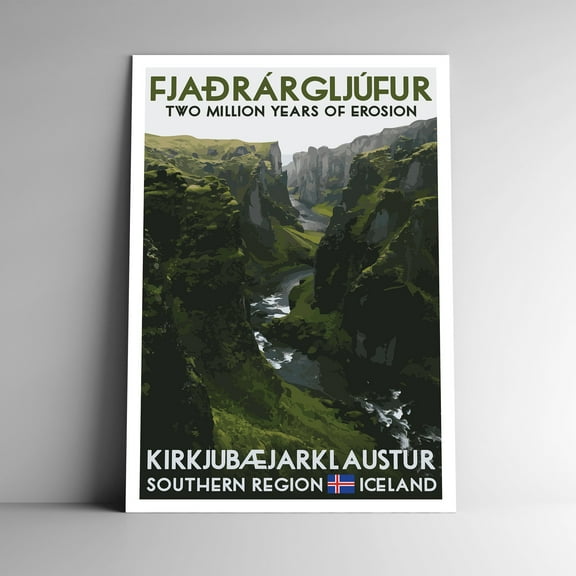 Fjaðrárgljúfur Canyon Vintage Travel Poster / Postcard WPA Style Fjadrargljufur Iceland
