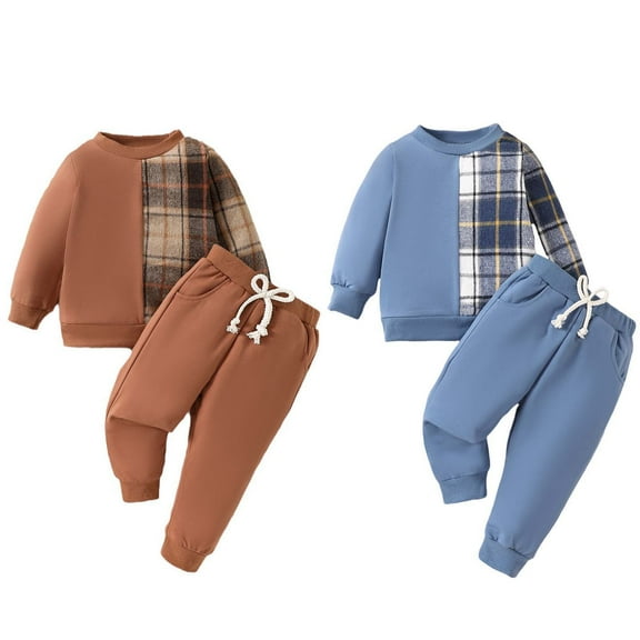 Fjofpr 2 Piece Set 12 Months Baby Boy Children's Clothing European and American Fashion Casual Boy Plaid Stitching Long-sleeved Sweatshirt Sweatpants Suit Brown 18 Months