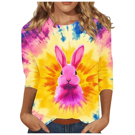 Fjofpr 3/4 Length Sleeve Women'S Shirts Plus Size Ladies' Loose Casual Easter Print Round Neck Three Quarter Sleeve 3/4 Sleeve T-shirt Top