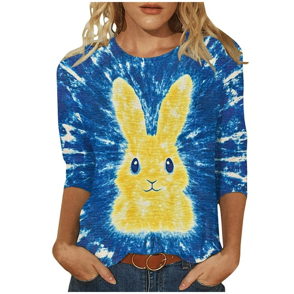 Fjofpr 3/4 Length Sleeve Women'S Shirts Plus Size Women's Easter Round Neck Three Quarter Sleeve 3/4 Sleeve T-shirt Loose Top