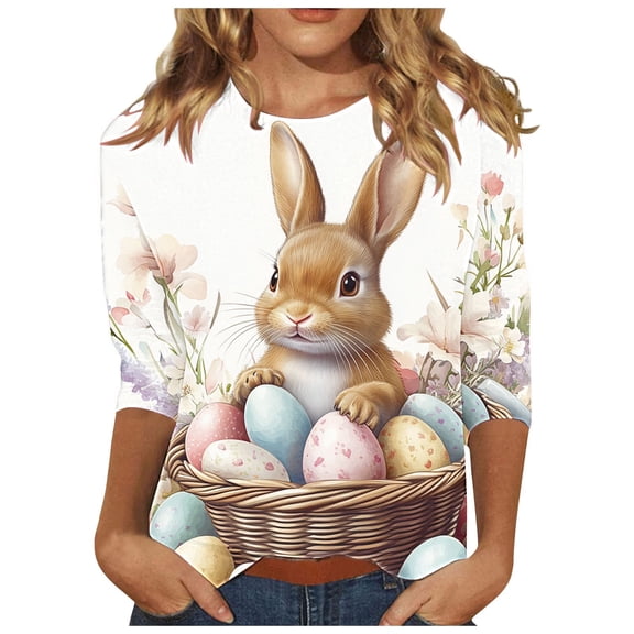 Fjofpr 3/4 Length Sleeve Women'S Shirts on Ladies' Loose Casual Easter Print Round Neck Three Quarter Sleeve 3/4 Sleeve T-shirt Top