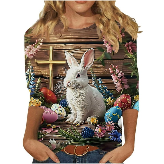 Fjofpr 3/4 Length Sleeve Womens Tops Casual Easter Shirts for Women 3/4 Women's New Easter Round Neck Pullover 3/4 Sleeve Casual Printed Top
