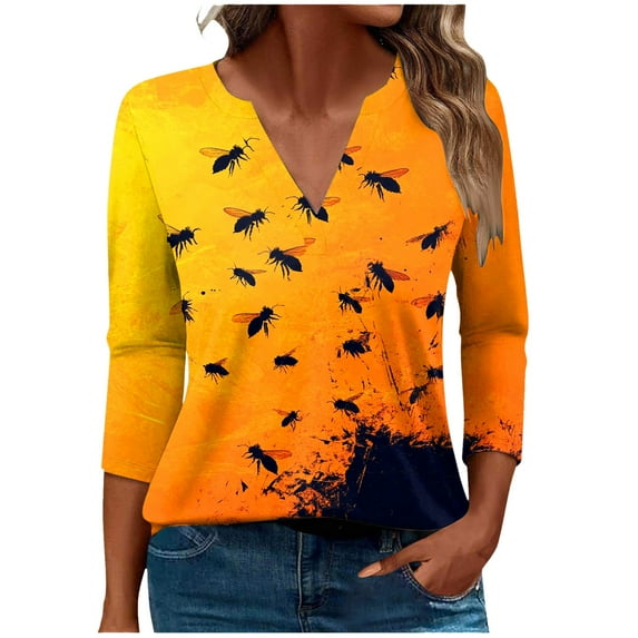 Fjofpr 3/4 Length Sleeve Womens Tops Women's Casual Printed Long Sleeve V-neck