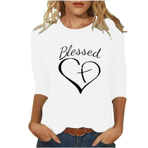 Fjofpr 3/4 Length Sleeve Womens Tops Women's Valentine's Day Fashion Printed T-shirt 3/4 Sleeves Blouse Round Neck Casual Tops