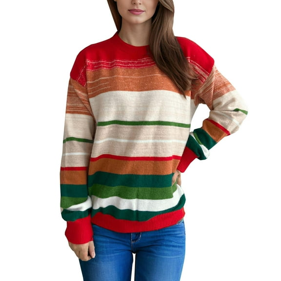 Fjofpr 50% off Clear! Red and Green Striped Sweater Women Women's Fashion Casual Long Sleeve Round Neck Striped Sweater