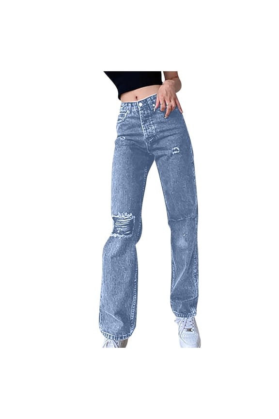 50% off Clear!Wide Leg Jeans Women Long Hole Jeans for Women Fashion Women Long Pants Casual Distressed Pants Mid Waist Trousers