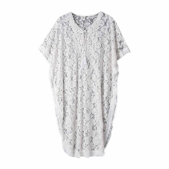 Fjofpr Beach Cover Ups Women Plus Size Beach Cover Up for Women White Women's Fashionable Solid Color Sexy Lace Collar Tassel Beach Shirt Cover Up