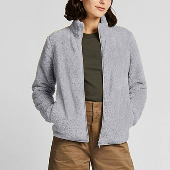 Fjofpr Clothing Womens Fleece Coats Winter Coats Loose Jacket Plush and Thicked Women'S Fall And Winter Long Sleeve Fleece Pocket Zipper Solid Color Fleece Coat