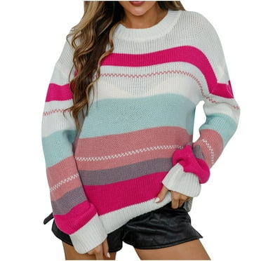 Fjofpr Deals Striped Sweaters for Women Pink Women's Striped Long Sleeved Round Neck Pullover Knitted Sweater Top