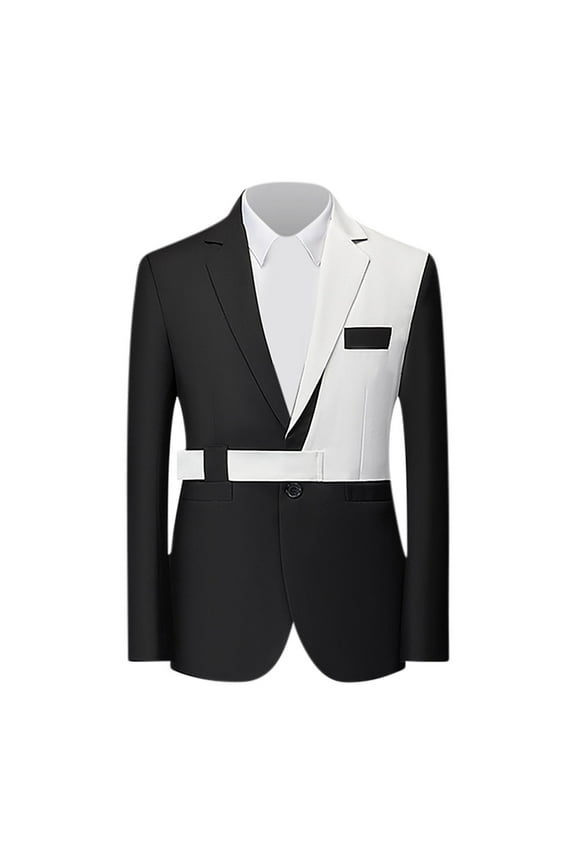 Blazer Men Casual Men's Dancing Party Performance Costumes Fashionable Color Block Personality Pocket Casual Cool One Button Suit Jacket
