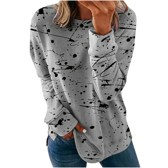 Fjofpr Blouses for Women Plus Size Long Sleeve Plain Printed Crewneck T-Shirt Blouse Casual Pullover Tops