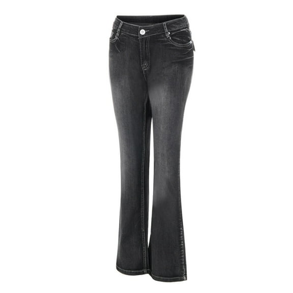 Fjofpr Blu Jeans Women Mid Waisted Embroidery Stretch Button Straight Full Length Pants