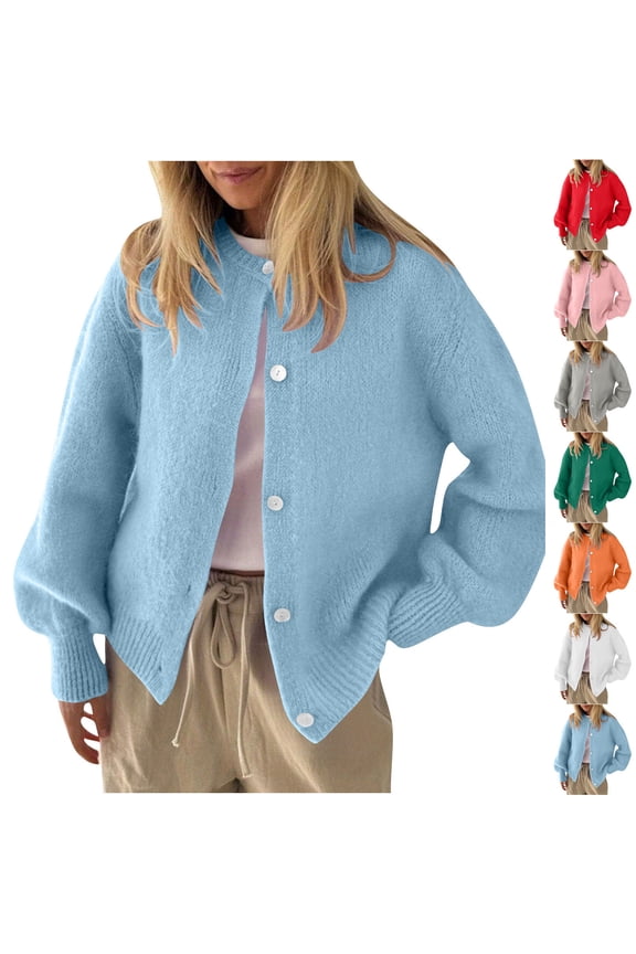 Cardigans for Women Trendy Shirts for Women Oversized Long Sleeve Button Down Shirts Blouses Top Fashionable Women's Long Sleeved Round Neck Solid Color Button Knit Sweater Cardigan Top