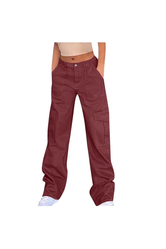 Plus Size Cargo Pants for Women Cargo Pants for Women Plus Size Casual Elastic Waist Multiple Pockets Loose Fit Trouser Wine M