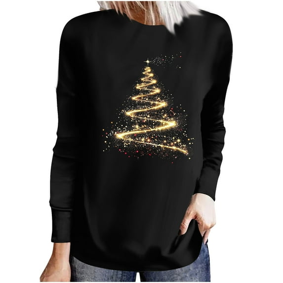 Fjofpr Christmas Shirts for Women Long Sleeve Christmas Lights Womens Christmas Shirts and Sweatshirts Ladies Fashion Casual Christmas Print Round Neck Loose Long Sleeve Top