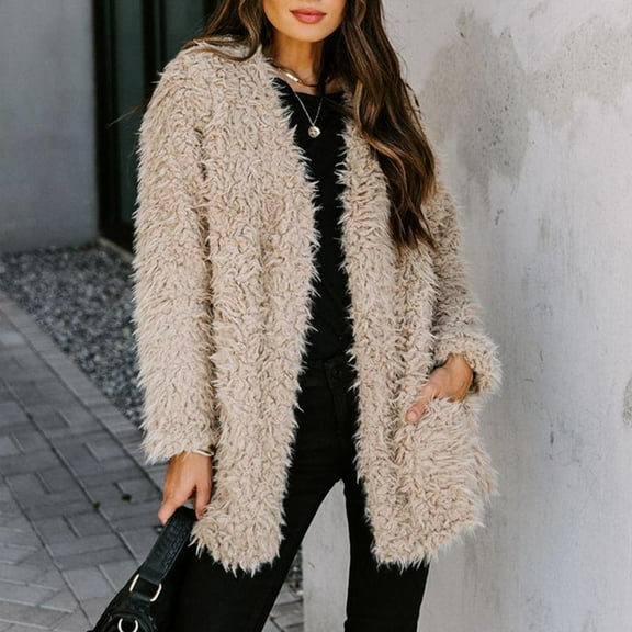 Fjofpr Christmasdeals Clothing Womens Fleece Coats Winter Coats Loose Jacket Plush and Thicked Fashion Women Warm Long Sleeve Casual Solid Outwear Cardigan Coat Blouse