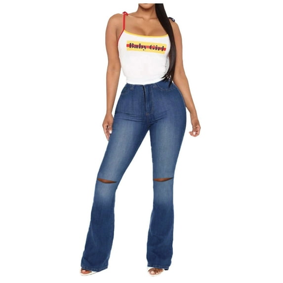 Fjofpr 50% off Clear!Womens Jeans Flare Legs High Waisted Jeans for Women Womens Jeans Trendy Fall 2024 Women's High Waist Slim Hole Trumpet Pants