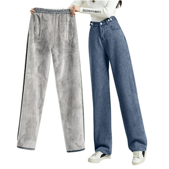 Fjofpr Clothing Straight Leg Jeans for Women Fleece Jeans Women Sale Women's High Waisted Loose High Waisted Jeans Solid Color Straight Leg Casual Pants With Added Fleece