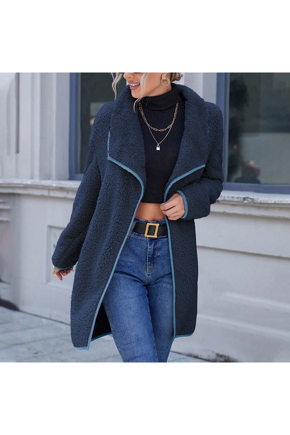 Clothing Womens Fleece Coats Winter Coats Loose Jacket Plush and Thicked Women's Solid Color Large Lapel Double Sided Pocket Recreational Long Sleeve Tops