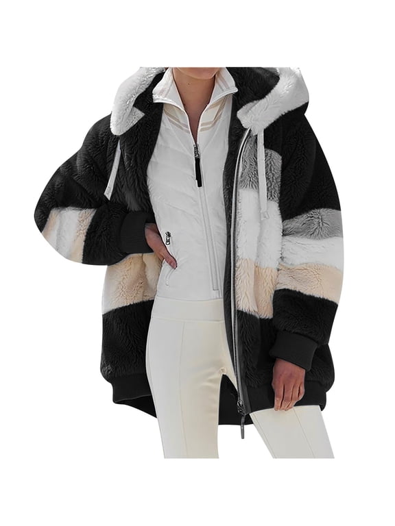 Womens Fleece Coats Winter Coats for Women Plus Size Fashion Woman Long Sleeve Open Front Loose Outerwear Patchwork Blouse Coat Tops Pockets Blouse