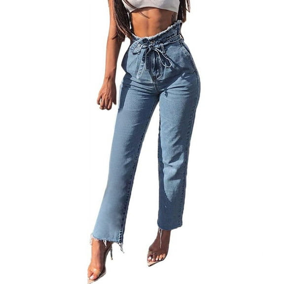 Fjofpr Sale Deal Drawstring Waist Jeans for Women Women Hight Waisted Loose Bow Bandage Hole Stretch Pants Jean