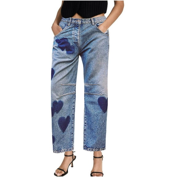 Fjofpr Sale Deal Mid Waisted Straight Leg Jeans for Women Womens Jeans Trendy Fall 2024 Women's Mid Waist Tube Shaped Denim Pants With Pocket Buttons And Heart Print