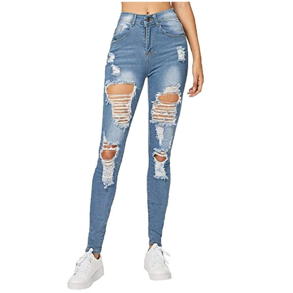 Fjofpr Sale Deal Ripped Jeans for Women Plus Size Fashion Womens Pocket Sexy High Waist Pants Casual Hole Beach Bottom