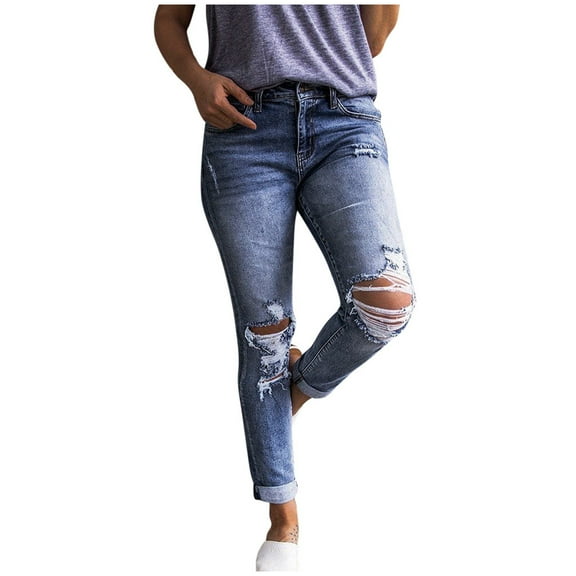 Fjofpr Sale Deal Ripped Jeans for Women Plus Size Women Mid Waisted Skinny Hole Button Stretch Slim Pants Calf Length